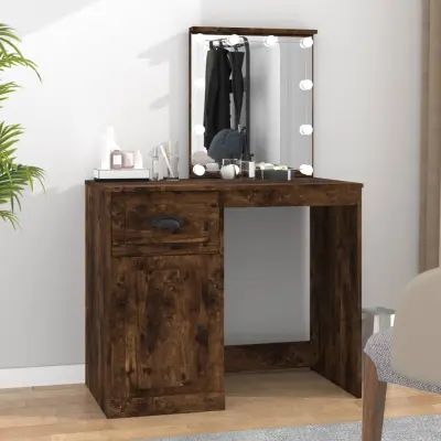 The Living Store Toaletna mizica z LED dimljen hrast 90x50x132,5 cm inžen. les - Toaletna Mizica