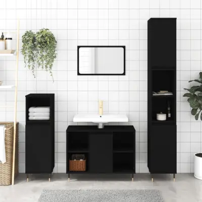 The Living Store Kopalniško pohištvo 3 kosi črne barve inženirski les - Komplet Kopalniškega Pohištva