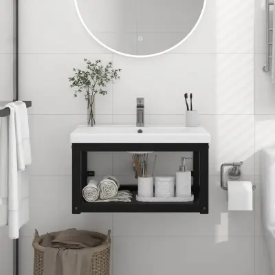 The Living Store Stenski kopalniški regal črn 59x38x31 cm železo - Kopalniški Regal