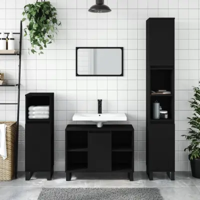 The Living Store Kopalniško pohištvo 3 kosi črne barve inženirski les - Komplet Kopalniškega Pohištva