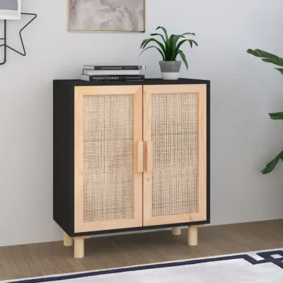 The Living Store Komoda črna 60x30x70 cm trdna borovina in naravni ratan - Komoda