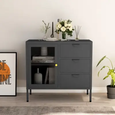 The Living Store Komoda antracitna 75x35x70 cm jeklo in kaljeno steklo - Komoda