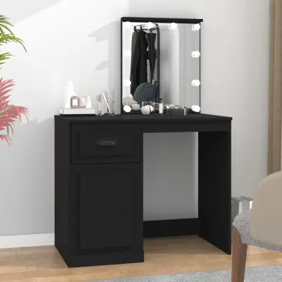 The Living Store Toaletna mizica z LED lučmi črna 90x50x132,5 cm inženirski les - Toaletna Mizica