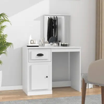 The Living Store Toaletna mizica z ogledalom bela 90x50x132,5 cm inženirski les - Toaletna Mizica