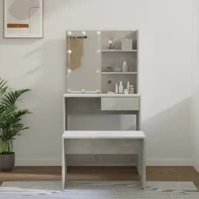 The Living Store Komplet toaletnih mizic z LED lučkami betonsko siv konstr. les - Komplet LED Toaletnih Mizic