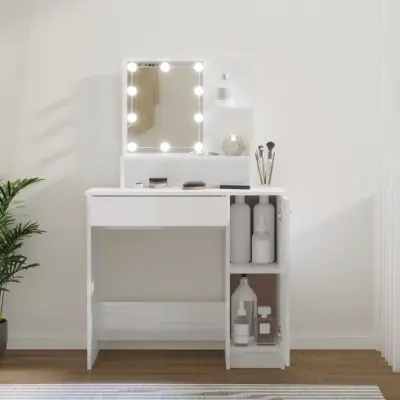 The Living Store Toaletna mizica z LED lučkami visok sijaj bela 86,5x35x136 cm - Toaletna Mizica