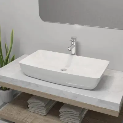 The Living Store Umivalnik z izmenično pipo keramika pravokotna bele barve - Umivalnik In Pipa