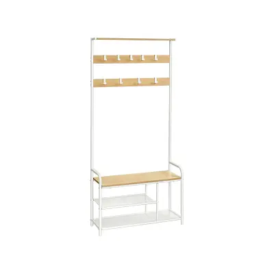 HSR409W09 Stojalo za oblačila z 9 kavlji Polica za čevlje 30 x 85 x 180,5 cm za predsobo Spalnica Majhna stanovanja Modern beli hrast