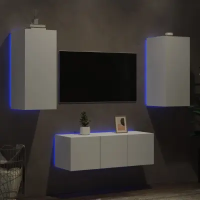 The Living Store Komplet TV omaric LED 4-delni bel inženirski les - Stenska TV Enota