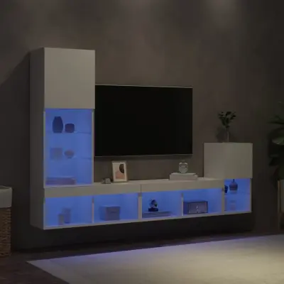 The Living Store Komplet TV omaric LED 4-delni bel inženirski les - Stenska TV Enota