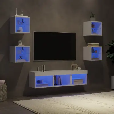 The Living Store Komplet TV omaric LED 7-delni bel inženirski les - Stenska TV Enota