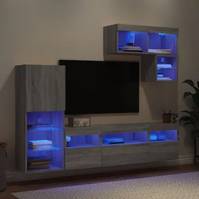 The Living Store Komplet TV omaric LED 6-delni siva sonoma inženirski les - Stenska TV Enota