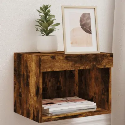 The Living Store Nočna omarica z LED lučkami stenska dimljena hrastovina - Nočna Omarica