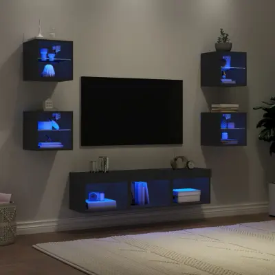 The Living Store Komplet TV omaric LED 7-delni črn inženirski les - Stenska TV Enota