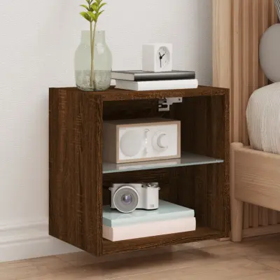 The Living Store Nočne omarice z LED lučkami stenske 2 kosa rjavi hrast - Nočna Omarica