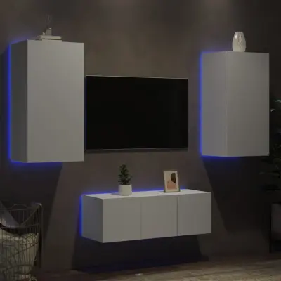 The Living Store Komplet TV omaric LED 4-delni bel inženirski les - Stenska TV Enota