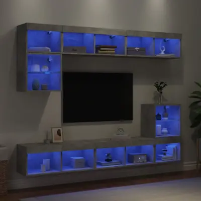 The Living Store Komplet TV omaric LED 8-delni betonsko siv inženirski les - Stenska TV Enota