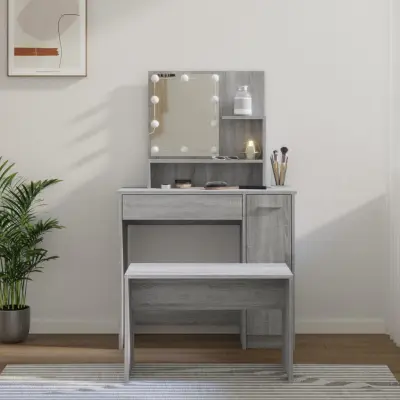 The Living Store Komplet toaletnih mizic z LED lučkami siva sonoma konstr. les - Komplet LED Toaletnih Mizic