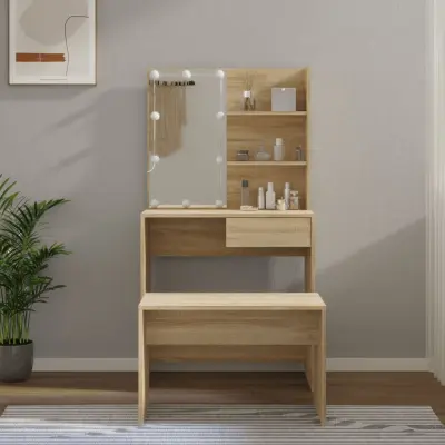 The Living Store Komplet toaletnih mizic z LED lučkami sonoma hrast konstr. les - Komplet LED Toaletnih Mizic
