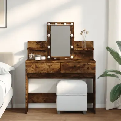 The Living Store Toaletna mizica z LED lučkami dimljen hrast 100x40x130 cm - Toaletna Mizica