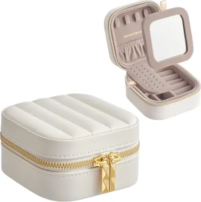 Zbirka HOME ANAH JBC179W01 Potovalna torbica za nakit, majhen organizator z ogledalom, 4,1 x 4,1 x 2,4 palca, šivana PU površina, prenosna, zadrge, id