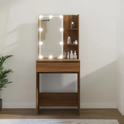 The Living Store Toaletna mizica z LED lučkami rjavi hrast 60x40x140 cm - Toaletna Mizica
