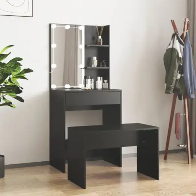 The Living Store Komplet toaletne mizice z LED lučkami črn inženirski les - Komplet LED Toaletnih Mizic