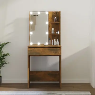 The Living Store Toaletna mizica z LED lučkami dimljeni hrast 60x40x140 cm - Toaletna Mizica