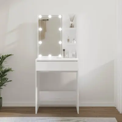 The Living Store Toaletna mizica z LED lučkami visok sijaj bela 60x40x140 cm - Toaletna Mizica