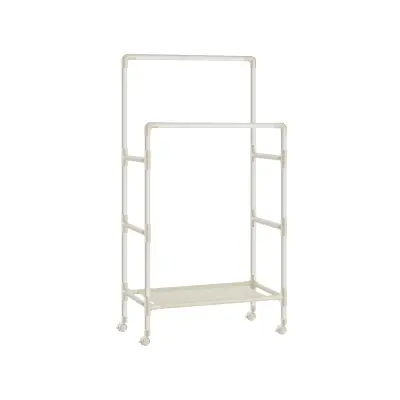 RDR101W02 Kovinsko stojalo za oblačila z 2 držali za oblačila, 1 polico, 4 kolesi, največja nosilnost 55 kg, enostavna montaža, bela