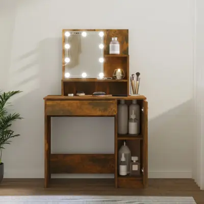 The Living Store Toaletna mizica z LED lučkami dimljeni hrast 86,5x35x136 cm - Toaletna Mizica