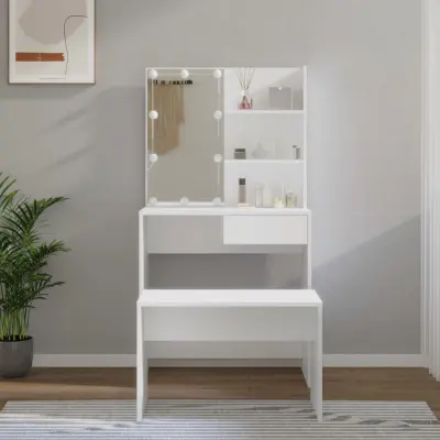 The Living Store Komplet toaletnih mizic z LED lučkami bel konstruiran les - Komplet LED Toaletnih Mizic