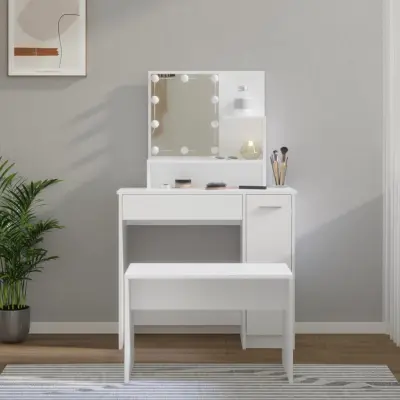 The Living Store Komplet toaletnih mizic z LED lučkami bel konstruiran les - Komplet LED Toaletnih Mizic