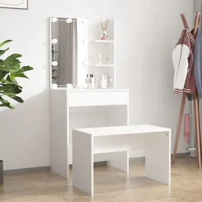 The Living Store Komplet toaletnih mizic z LED lučkami bel konstruiran les - Komplet LED Toaletnih Mizic