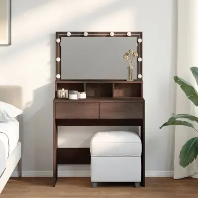 The Living Store Toaletna mizica z LED lučkami rjavi hrast 80x41x134,5 cm - Toaletna Mizica