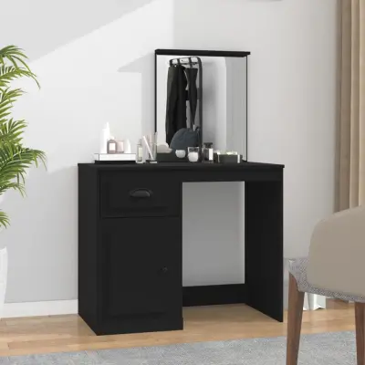 The Living Store Toaletna mizica z ogledalom črna 90x50x132,5 cm inženirski les - Toaletna Mizica