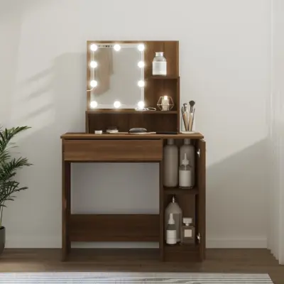 The Living Store Toaletna mizica z LED lučkami rjavi hrast 86,5x35x136 cm - Toaletna Mizica