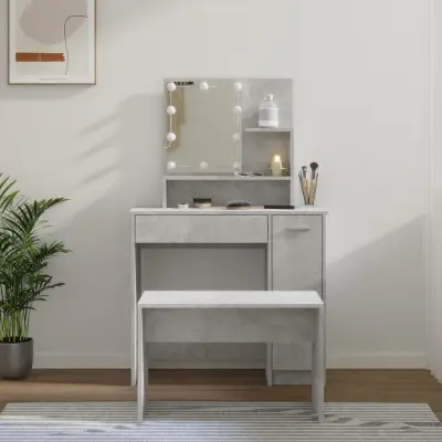 The Living Store Komplet toaletnih mizic z LED lučkami betonsko siv konstr. les - Komplet LED Toaletnih Mizic