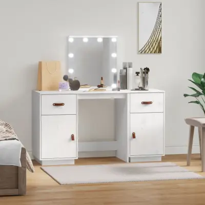 The Living Store Komplet toaletne mizice z LED lučkami bela trdna borovina - Komplet Toaletnih Mizic