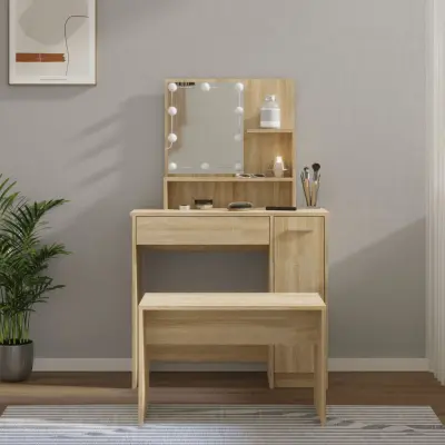 The Living Store Komplet toaletnih mizic z LED lučkami sonoma hrast konstr. les - Komplet LED Toaletnih Mizic