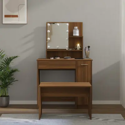 The Living Store Komplet toaletnih mizic z LED lučkami rjavi hrast konstr. les - Komplet LED Toaletnih Mizic
