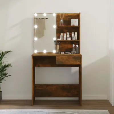 The Living Store Toaletna mizica z LED lučkami rjavi hrast 74,5x40x141 cm - Toaletna Mizica