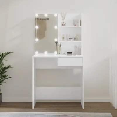 The Living Store Toaletna mizica z LED lučkami bela 74,5x40x141 cm - Toaletna Mizica