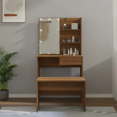 The Living Store Komplet toaletnih mizic z LED lučkami rjavi hrast konstr. les - Komplet LED Toaletnih Mizic