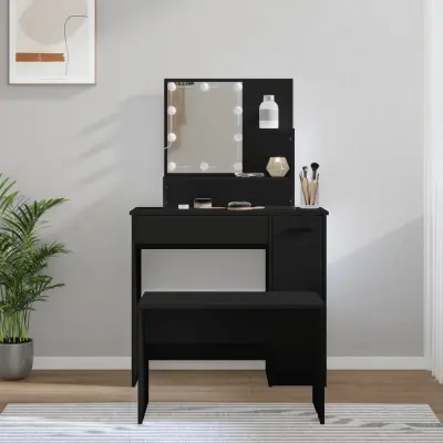The Living Store Komplet toaletne mizice z LED lučkami črn inženirski les - Komplet LED Toaletnih Mizic