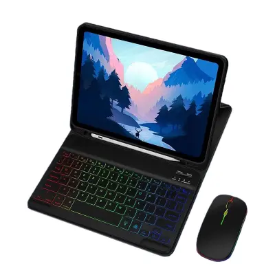 Usnjena torbica za iPad z RGB Bluetooth tipkovnico in miško Black  iPad 10,2/10,5 palcev