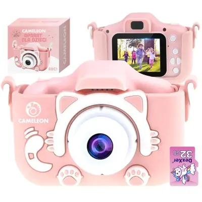 Otroški LCD 40MPix digitalni fotoaparat mucka 600mAh USB roza +  32GB SD kartica