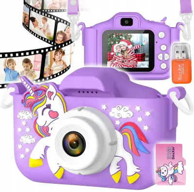 Otroški LCD 40MPix digitalni fotoaparat samorog USB vijoličen + 32GB SD kartica