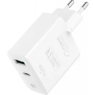 PURO, Polnilnik z dvojno USB A C PD vti?nico 32 W (12 20 W) Power Delivery, Bela