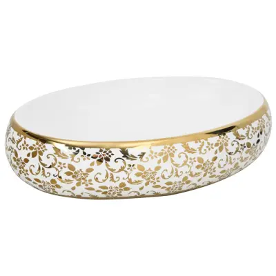 Umivalnik - Kopalna umivalnik - Lavabo Nadpultni bel in zlat ovalni 59x40x15 cm keramika
